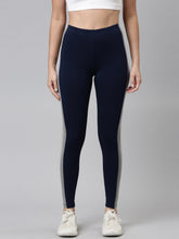 Load image into Gallery viewer, Go Colors Navy Cotton Stretch Side Stripes Active Leggings
