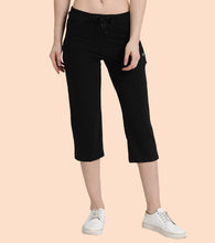 Load image into Gallery viewer, Enamor Mid Rise Capri length Drawstring Closure Lounge Capri for Women - Slim Fit, Soft and Breathable Stretch Cotton - E018 (Jet Black)
