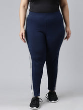 Load image into Gallery viewer, Go Colors Navy Cotton Stretch Side Stripes Active Leggings

