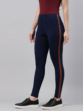 Load image into Gallery viewer, Go Colors Navy Cotton Stretch Side Stripes Active Leggings
