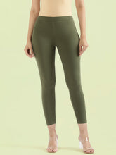 Load image into Gallery viewer, Go Colors Olive Green Cotton Stretch Cropped Leggings

