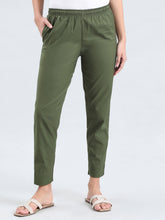 Load image into Gallery viewer, Go Colors Olive Green Cotton Pencil Pant
