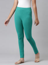 Load image into Gallery viewer, Go Colors Peacock Green Cotton Stretch  Ankle Length Leggings

