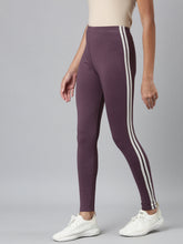 Load image into Gallery viewer, Go Colors Purple Cotton Stretch Side Stripes Active Leggings
