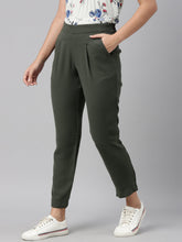 Load image into Gallery viewer, Go Colors Olive Green Woven Cotton Stretch Formal Trouser
