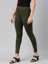 Load image into Gallery viewer, Go Colors Dark Olive Cotton Stretch Ankle Length Leggings
