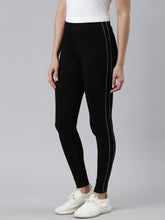 Load image into Gallery viewer, Go Colors Black Cotton Stretch Side Stripes Active Leggings

