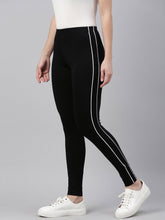 Load image into Gallery viewer, Go Colors Black Cotton Stretch Side Stripes Active Leggings
