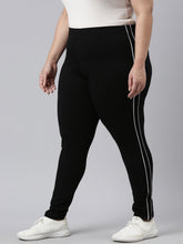 Load image into Gallery viewer, Go Colors Black Cotton Stretch Side Stripes Active Leggings
