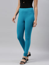 Load image into Gallery viewer, Go Colors Peacock Blue Cotton Stretch Ankle Length Leggings
