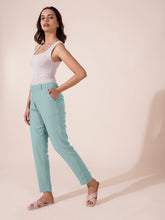 Load image into Gallery viewer, Go Colors Dusty Green Crepe Tapered Trouser
