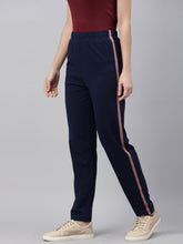 Load image into Gallery viewer, Go Colors Navy Cotton Stretch Side Stripes Track Pant
