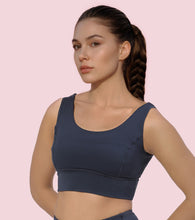Load image into Gallery viewer, Enamor Sleeveless Crew Neck Crop length Pull On Sports Bra For Women - Hugged Fit, Cut Away Back Detail - A206 (Navy)
