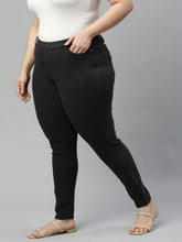 Load image into Gallery viewer, Go Colors Black Cotton Poly Stretch Stripes Printed Jeggings
