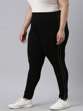 Load image into Gallery viewer, Go Colors Black Cotton Stretch Side Stripes Active Leggings
