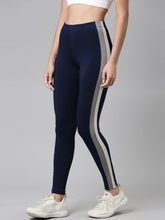 Load image into Gallery viewer, Go Colors Navy Cotton Stretch Side Stripes Active Leggings
