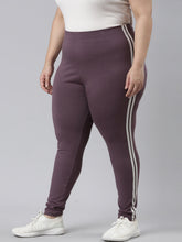 Load image into Gallery viewer, Go Colors Purple Cotton Stretch Side Stripes Active Leggings
