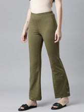 Load image into Gallery viewer, Go Colors Olive Green Cotton Stretch Flared Pant
