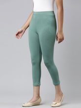Load image into Gallery viewer, Go Colors Leaf Green Cotton Stretch  Cropped Leggings
