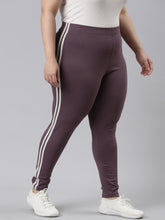 Load image into Gallery viewer, Go Colors Purple Cotton Stretch Side Stripes Active Leggings
