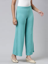 Load image into Gallery viewer, Go Colors Peacock Green Viscose Stretch Knit Palazzo
