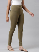 Load image into Gallery viewer, Go Colors Medium Olive Cotton Stretch  Ankle Length Leggings
