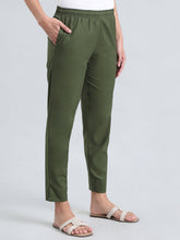 Load image into Gallery viewer, Go Colors Olive Green Cotton Pencil Pant
