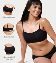Load image into Gallery viewer, Enamor Moulded Double Layer Front Women's Cotton Cami Bra - Detachable Slim Straps with Back Keyhole, Non Padded, Wirefree, High Coverage - A022 (Black)
