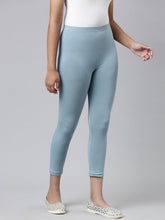 Load image into Gallery viewer, Go Colors Dusty Blue Cotton Stretch  Cropped Leggings
