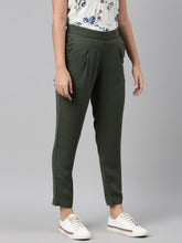 Load image into Gallery viewer, Go Colors Olive Green Woven Cotton Stretch Formal Trouser
