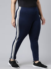 Load image into Gallery viewer, Go Colors Navy Cotton Stretch Side Stripes Active Leggings
