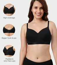 Load image into Gallery viewer, Enamor Innovations Fabcool Breathable Cup Women's T-Shirt Bra - Antimicrobial Comfort, Perforated Cups Padded, Wirefree, High Coverage - A165 (Black)
