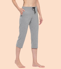 Load image into Gallery viewer, Enamor Mid Rise Capri length Drawstring Closure Lounge Capri for Women - Slim Fit, Soft and Breathable Stretch Cotton - E018 (Mediumgrey Melange)
