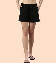 Load image into Gallery viewer, Enamor Drawstring Mid Thigh Length Mid Rise Basic Shorts - Relaxed Fit, Super Soft Cotton - E062 (Jet Black)
