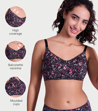 Load image into Gallery viewer, Enamor Full Support Modal T-Shirt Bra - Padded, Non-Wired, Full Coverage - A177 (Black Bouquet Print)

