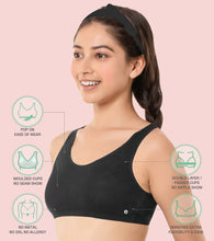 Load image into Gallery viewer, Enamor Innovations  Easy Fit, Antimicrobial, Front Double Layer ,Women's Cotton Beginner's Bra - Pop-On Style, Non Padded, Wirefree, High Coverage  - BB01 (Black)
