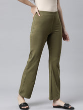 Load image into Gallery viewer, Go Colors Olive Green Cotton Stretch Flared Pant
