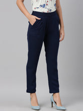 Load image into Gallery viewer, Go Colors Navy Woven Cotton Stretch Formal Trouser
