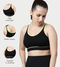 Load image into Gallery viewer, Enamor Innovations Antimicrobial, Side Shaper, Women's Cotton Medium Impact Sports Bra -  Fixed cup, Non-Padded, Wirefree, High Coverage - SB28 (Black)
