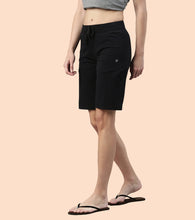 Load image into Gallery viewer, Enamor Mid Rise Knee length Drawstring Closure City Shorts For Women - Slim Fit, Soft and Breathable Cotton - E044 (Jet Black)
