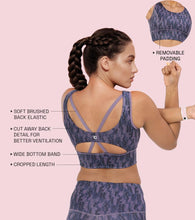 Load image into Gallery viewer, Enamor Cutaway Back Detail Quick Dry Printed Sports Bra - Removable Padding, Non-Wired, Medium Coverage - A204 (Step Brush Print)
