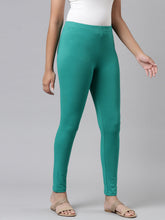 Load image into Gallery viewer, Go Colors Peacock Green Cotton Stretch  Ankle Length Leggings
