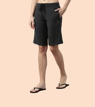 Load image into Gallery viewer, Enamor Mid Rise Knee length Drawstring Closure City Shorts For Women - Slim Fit, Soft and Breathable Cotton - E044 (Charcoalmelange)
