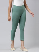 Load image into Gallery viewer, Go Colors Leaf Green Cotton Stretch  Cropped Leggings

