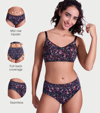 Load image into Gallery viewer, Enamor P177 Ultimate Softness Modal Hipster Panty for Women - Mid Waist, Outer Elastic, Medium Coverage (Black Bouquet Print)
