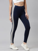 Load image into Gallery viewer, Go Colors Navy Cotton Stretch Side Stripes Active Leggings
