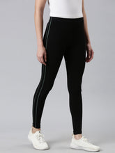 Load image into Gallery viewer, Go Colors Black Cotton Stretch Side Stripes Active Leggings
