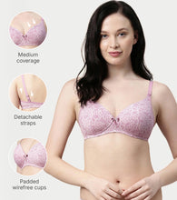 Load image into Gallery viewer, Enamor Women's Perfect Plunge Lift T-Shirt Bra - Detachable Straps, Lightly Padded, Wirefree, Medium Coverage - F023 (Pink Wild Lace Print)
