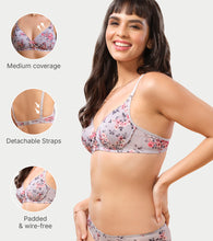 Load image into Gallery viewer, Enamor Women's Perfect Plunge Lift T-Shirt Bra - Detachable Straps, Lightly Padded, Wirefree, Medium Coverage - F023 (Silver Rose Print)
