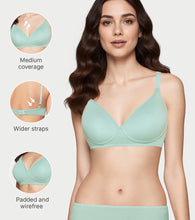 Load image into Gallery viewer, Enamor Supima Cotton Women's Plunge Lift Everyday T-Shirt Bra - Extra Comfort, Padded, Wirefree, Medium Coverage - A039 (Jade Green)
